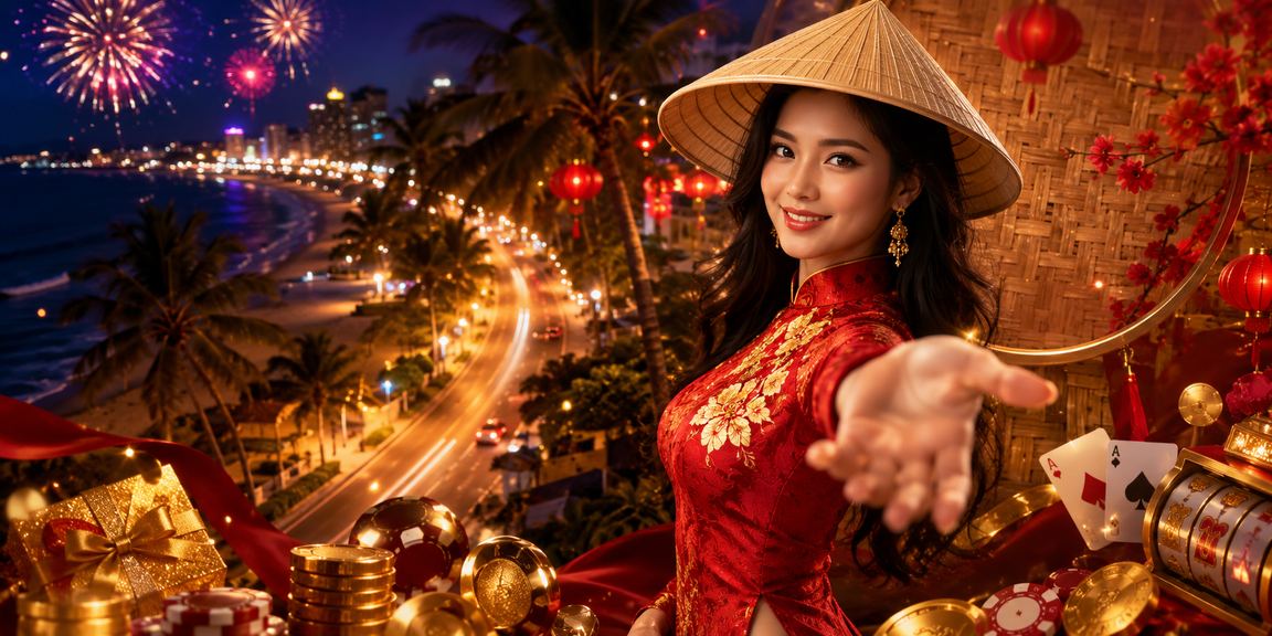 Khung cảnh Mũi Né với nón lá và điện thoại mở giao diện casino