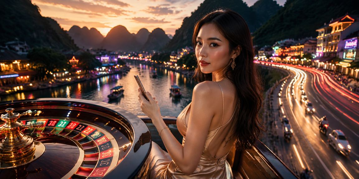 Điện thoại hiển thị roulette tại Ninh Bình trong không gian ánh sáng neon